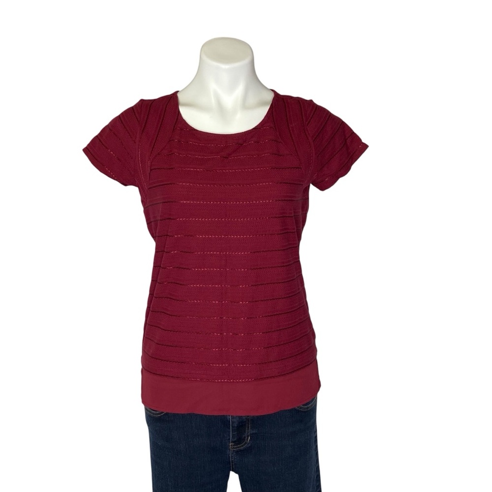 THE LIMITED Short Sleeve Knit Top Striped Chiffon Hem Burgundy Tall Small